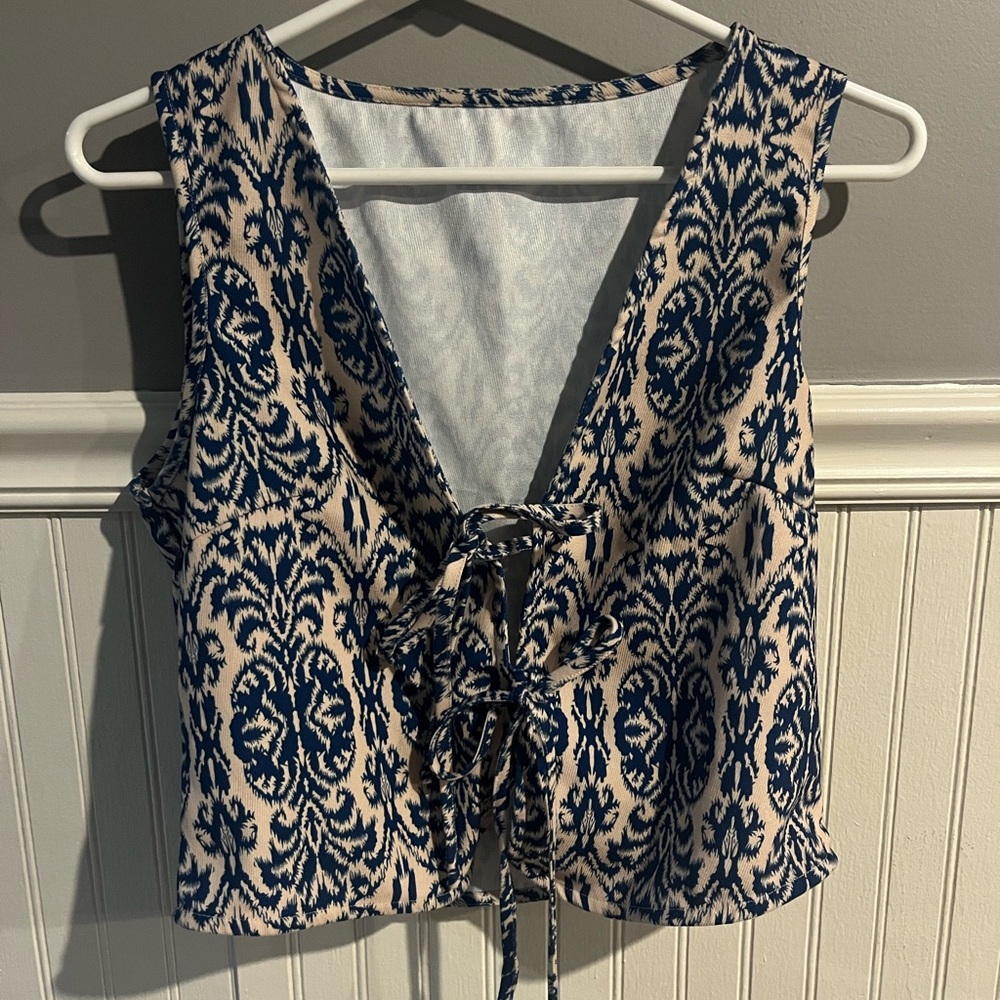 Navy and Beige Sleeveless Tie-Front Top